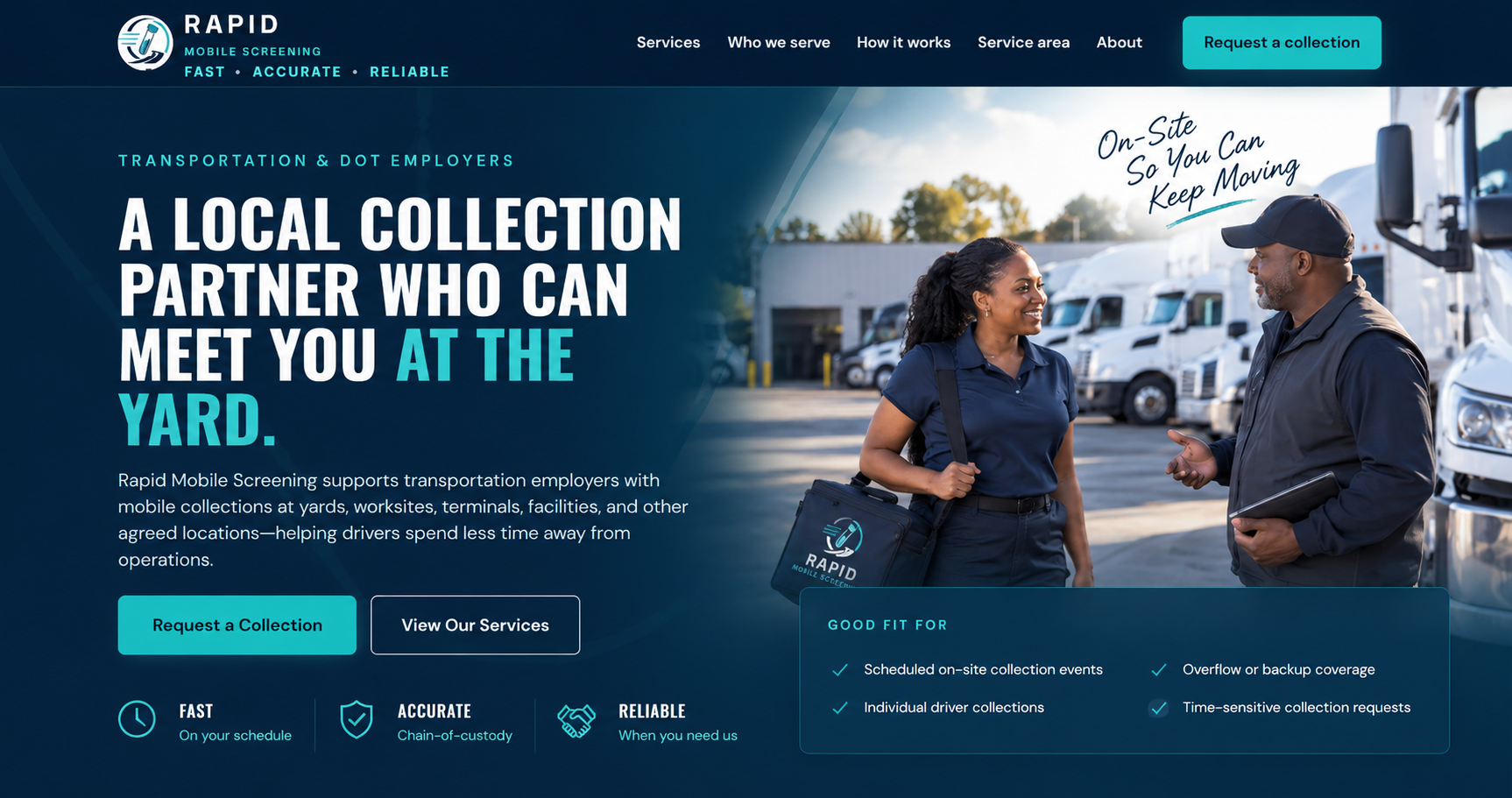 Rapid Mobile Screening collector speaking with a transportation employee at a fleet yard